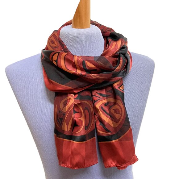 Bill Helin Haida Raven Silk Satin Long Scarf Red/Black Vintage Y2K Magenta 60" - Picture 1 of 9